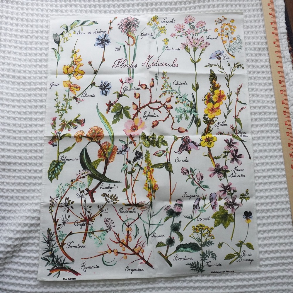 VTG Botanical Linen Tea Towel White French Medicinal Plants Art Nature Academia